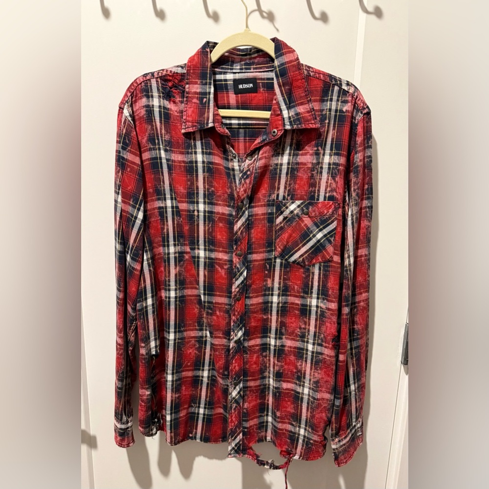 Hudson Red & Black Plaid Button-Down Shirt Distressed. Size XL New With Tags.